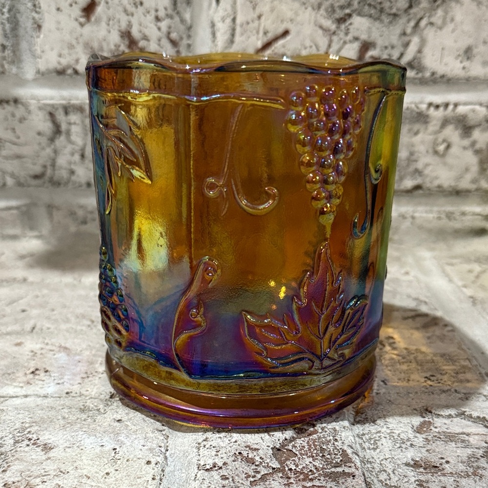 Indiana Iridescent Glass Candle Holder with Grape Design, No Lid